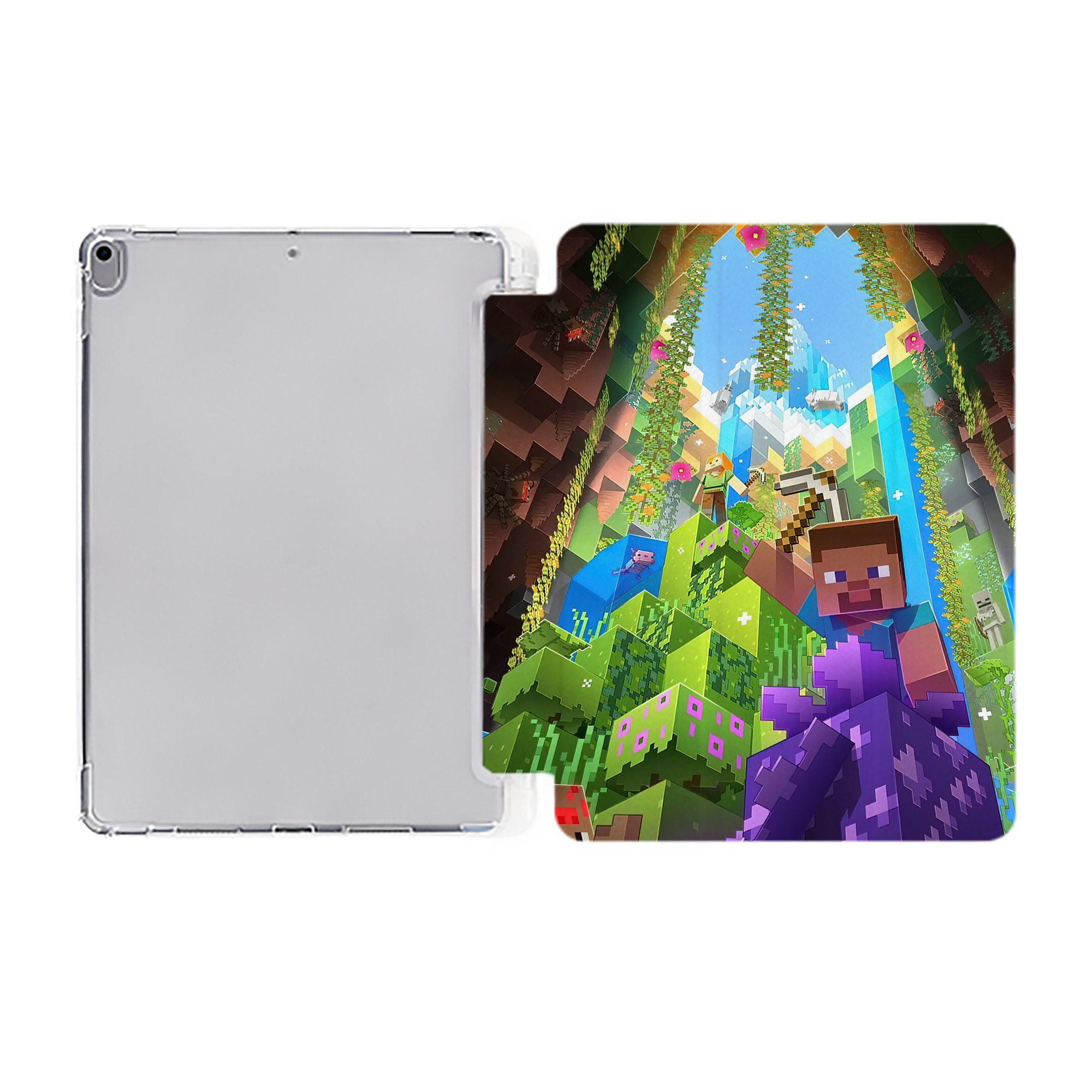 （画像用） マインクラフト ブロックの世界 Minecraft MC Block world IPad ケース ペン収納付き 三つ折りスタンド PUレザー×シリコン 対応機種9.5/10.5/10.9インチ